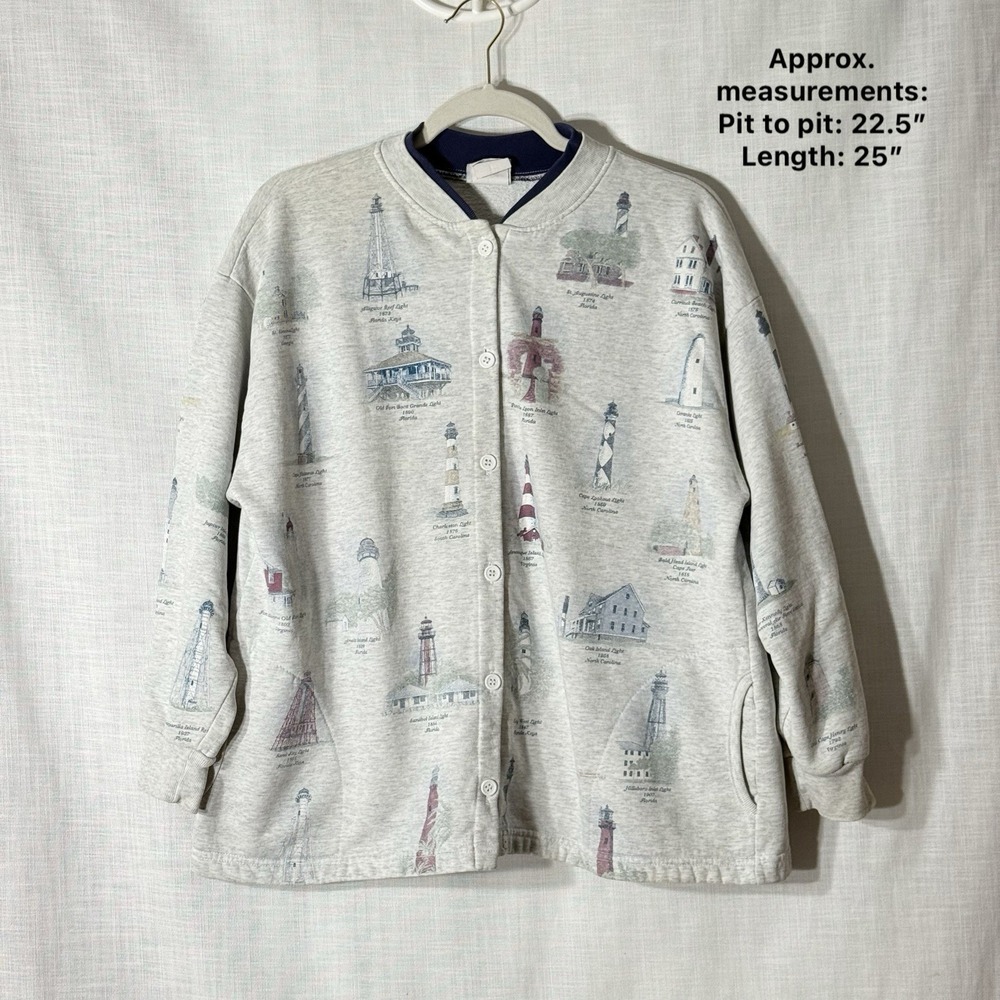 VTG Lighthouse Sweatshirt Cardigan XL Coastal Grandma Nautical Cottage Heritage‎